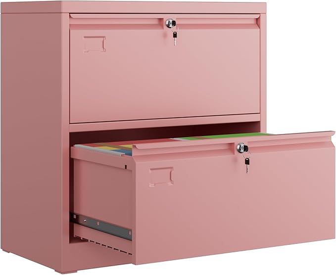 METAN Upgrade Metal 2 Drawer Lateral Files Cabinet for Home Office, Lockable Steel Wide File Storage Cabinet for Hanging Legal/Letter A4 Size, Assembly Required,Pink
