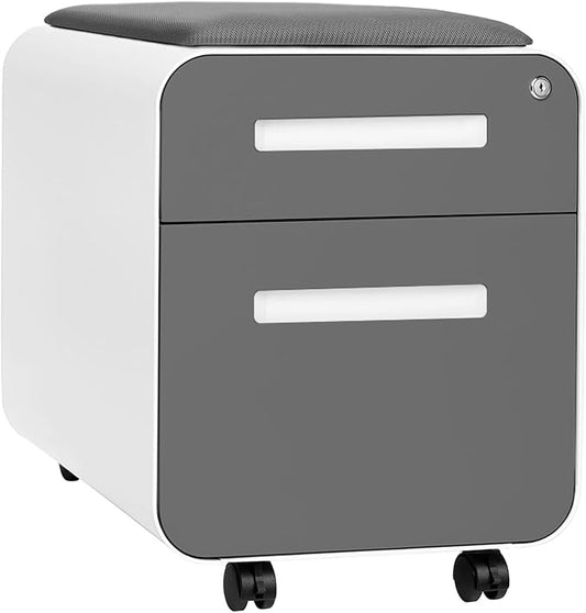 Laura Davidson Furniture STOCKPILE Mini Seated 2 Drawer Mobile File Cabinet with Removable Magnetic Cushion Seat - Short Version, Metal Filing Cabinet, Pre-Assembled, Dark Grey Face with Grey Cushion