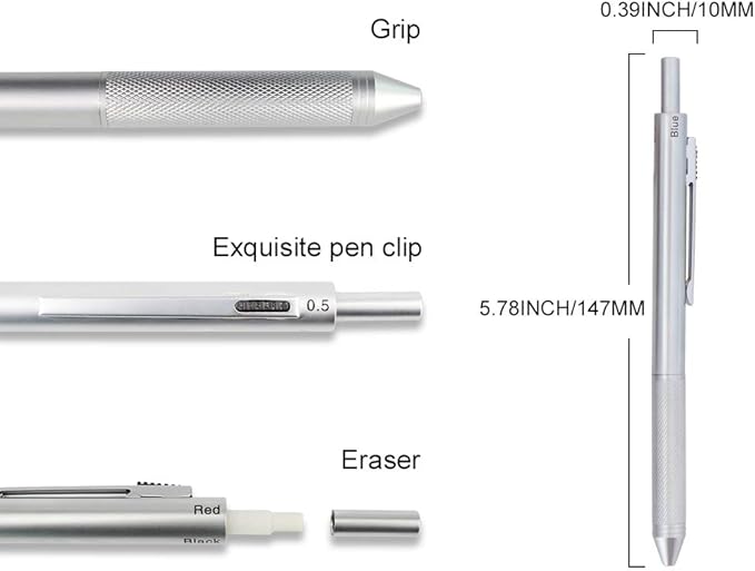 smttw 4 in1 Multi-Function Refillable & Retractable Ballpoint Pen + 0.5mm Mechanical Pencil, Fine Point, Silver Metal Barrel, Black/Red/Blue Inks, Multicolor Pen With Metal Gift Box