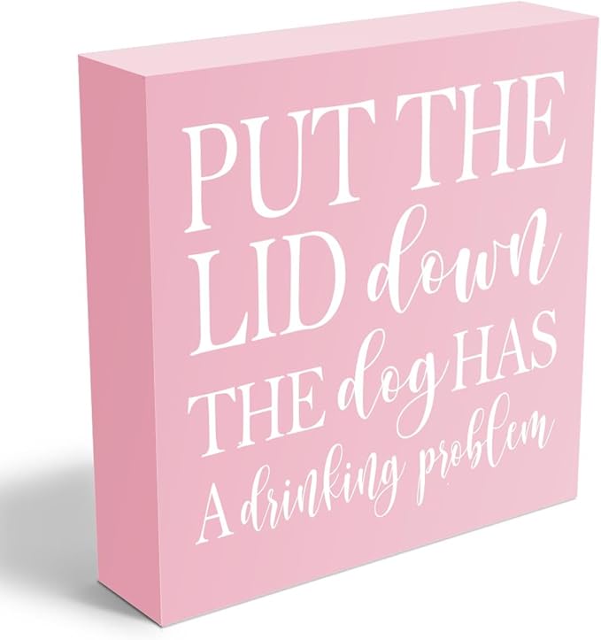 mmiishe Put the Lid Down the Dog Has a Drinking Problem Wooden Box Sign Decorative Funny Bathroom Wood Box Sign Home Decor Rustic Farmhouse Square Desk Decor Sign for Shelf Pink