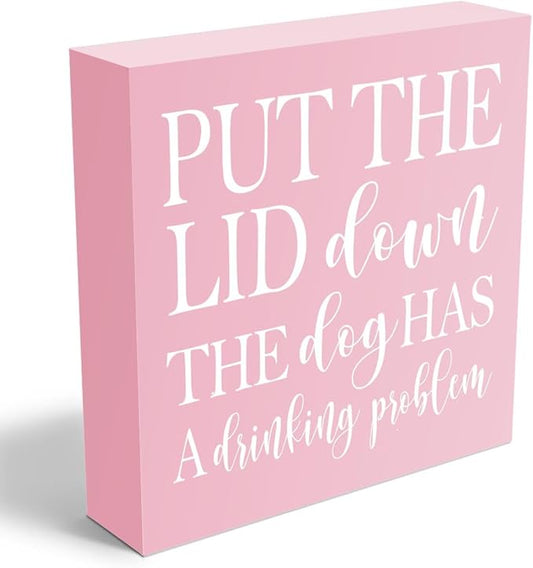 mmiishe Put the Lid Down the Dog Has a Drinking Problem Wooden Box Sign Decorative Funny Bathroom Wood Box Sign Home Decor Rustic Farmhouse Square Desk Decor Sign for Shelf Pink