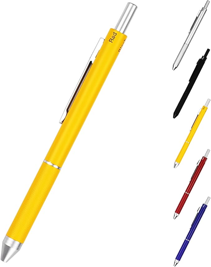 DUNBONG 4 in 1 Multicolor Pen, Metal Cased Multifunction Pen, 0.5mm Mechanical Pencil, Red, Blue, Black Ball Pens, 1-Count (Yellow)