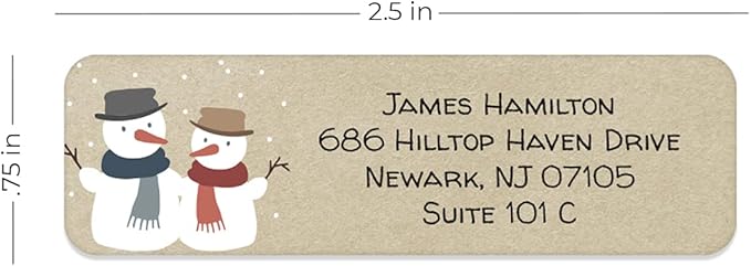 Kraft Snowmen Rolled Address Label/Roll of 250 Rustic Holiday Personalized Address Labels/Designer Return Address Stickers in Elegant Plastic Dispenser