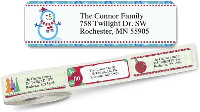 Christmas Designs Rolled Personalized Return Address Mailing Labels with Dispenser, Set of 250, 5 Designs, Small ¾ x 2½ Inch Size, Custom Self-Adhesive Sticker Roll, by Colorful Images
