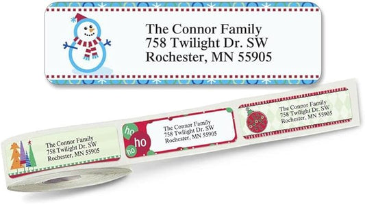 Christmas Designs Rolled Personalized Return Address Mailing Labels with Dispenser, Set of 250, 5 Designs, Small ¾ x 2½ Inch Size, Custom Self-Adhesive Sticker Roll, by Colorful Images