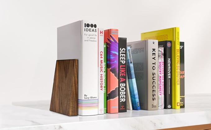 Luxdecor Walnut Book Ends Hold Heavy Books-7x6x5in Wood Bookends for Office Desk Non Skid, Decorative Walnut Bookend 2pack, Triangle Style