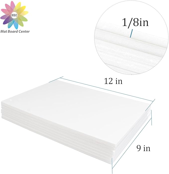 Mat Board Center, Pack of 10 Acid-Free Foam Boards, 9x12 inch White Foam Boards, 1/8" Thick