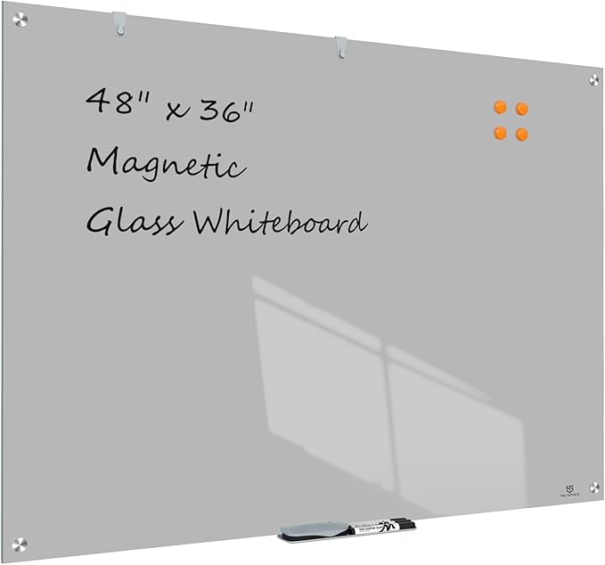 TSJ OFFICE Glass Dry-Erase Board - 48 x 36 Inches Wall Mounted Magnetic Whiteboard, Large Frameless Glass White Board for Office, Home & School, Gray