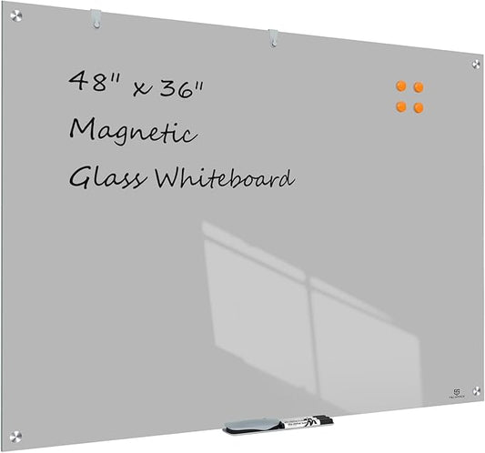 TSJ OFFICE Glass Dry-Erase Board - 48 x 36 Inches Wall Mounted Magnetic Whiteboard, Large Frameless Glass White Board for Office, Home & School, Gray