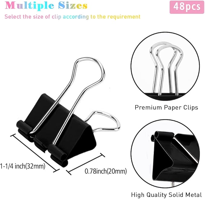 Medium Binder Clips, 48 Pack, 1-1/4 Inch, Standard 32mm, Black, Capacity 0.6 Inch, Medium Clips, Fold Clamp, Binder Clips Medium Size, Office Supplies