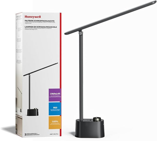Honeywell Upgraded LED Desk Lamp - H01 Pro Sunturalux™ Foldable Desk Light with USB A+C Charging Ports, 3 Color Modes Dimmable Table Lamp for Home Office Reading(Black)