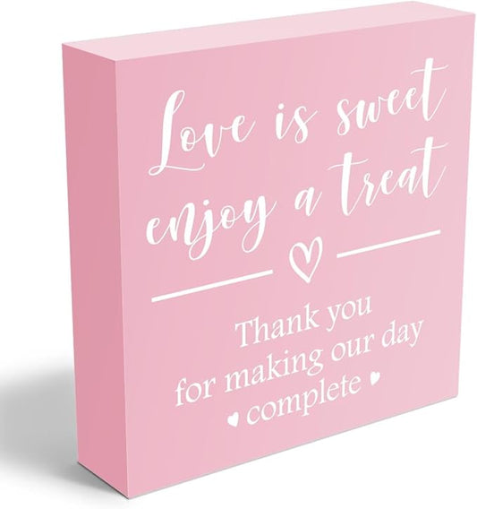 Love is Sweet Enjoy a Treat Wooden Box Sign Decorative Wedding Party Dessert Table Wood Box Sign Home Decor Rustic Square Desk Decor Sign for Shelf Pink