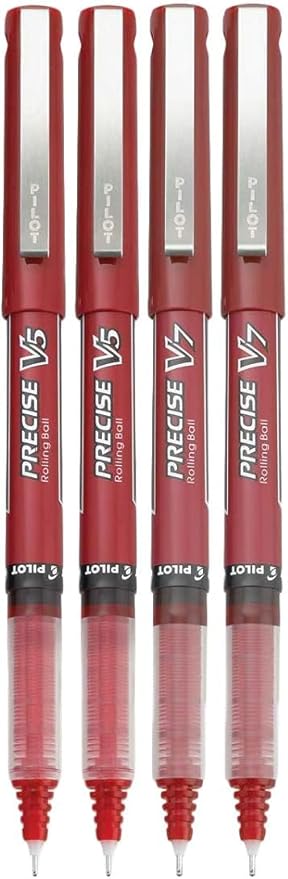 Precise V5/V7 Stick Rolling Ball Pens, Fine and Extra Fine Point, Assorted Points Red Ink, 4-pk; Bundle with Plastic Reusable Pouch