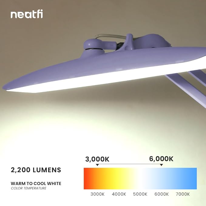 Neatfi XL 2,200 Lumens LED Task Lamp, 20W, 182 Pcs SMD LED, Dimmable, 4 Level Brightness, 3 Light Modes, Desk Light for Home, Office, Workbench (CCT, Lavender)