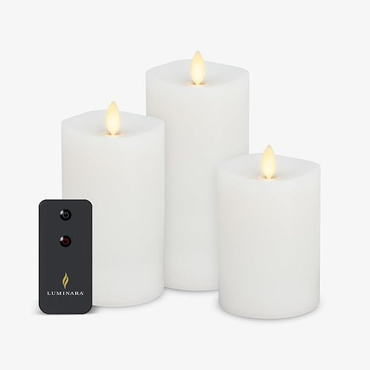 Luminara Realistic Flameless LED Candle White Set of 3, Battery Operated with Remote Control, Moving Flame Pillar Timer Funtion Melted Top Safe