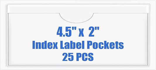 Origin-Joy 25 PCS Self-Adhesive Index Label Pockets, Clear Plastic Peel & Stick Card Holders with Top Open for Loading (4.5 x 2 inch)