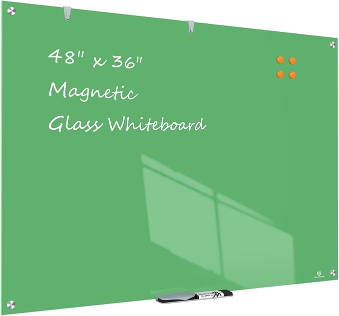 TSJ OFFICE Glass Dry-Erase Board - 48 x 36 Inches Wall Mounted Magnetic Whiteboard, Large Frameless Glass White Board for Office, Home & School, Green