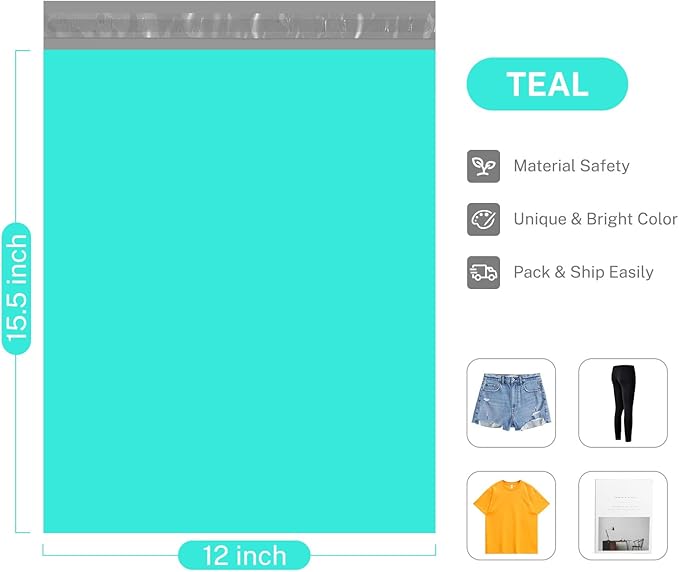 Metronic Poly Mailers 12x15.5 200 Pack Large Shipping Bags，Strong Adhesive Mailing Bags, Waterproof and Tear-Proof Multipurpose Envelopes for Clothing, Small Business,Postal Bags Teal