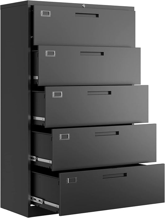 Letaya 5 Drawer File Cabinet with Lock,Metal Lateral Filing Cabinets for Home Office Hanging Files Letter/Legal/F4/A4 Size(Black-Requires Installation)