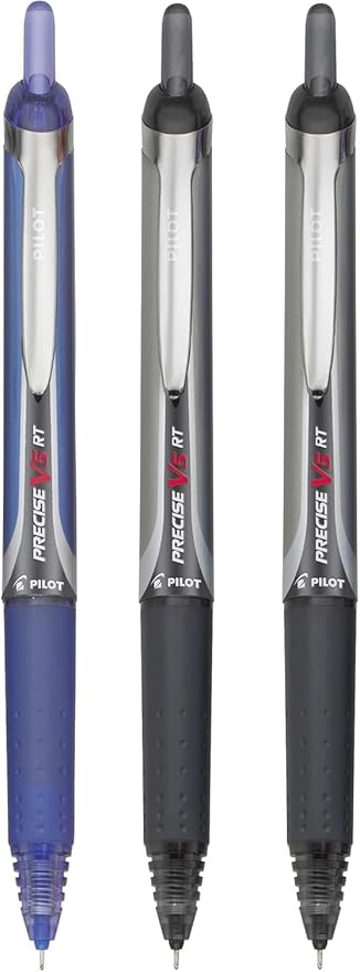 Precise V5 RT Retractable Rolling Ball Pens, Extra Fine Point (.5mm), Assorted Colors Black/Blue Ink, 3-pk; Premium Comfort Grip, Bundle with Plastic Reusable Pouch