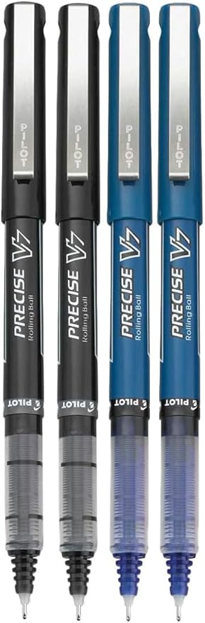 Precise V7 Stick Rolling Ball Pens, Fine Point (.7mm), Assorted Colors Black/Blue Ink, 4-pk; Bundle with Plastic Reusable Pouch