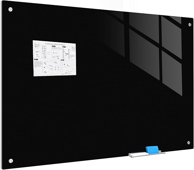 Magnetic Glass Writeboard 48"x36" Premium Tempered Dry Erase Boards Wall Mounted Frameless Whiteboard Bulletin Message Boards (Black)