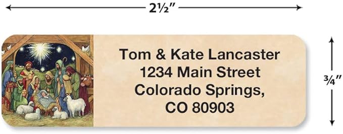 Nativity Christmas Rolled Personalized Return Address Mailing Labels with Dispenser, Set of 250, Small ¾ x 2½ Inch Size, Custom Self-Adhesive Sticker Roll, by Colorful Images