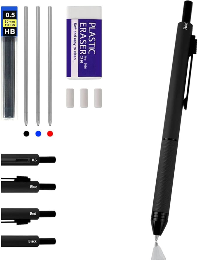 4 in 1 Multi Function Refillable and Retractable Multi Color Pen,Black Red Blue Ballpoint Pen and 0.5mm Multicolor Pencil, Multicolor Pen Gift for Journaling (Black)