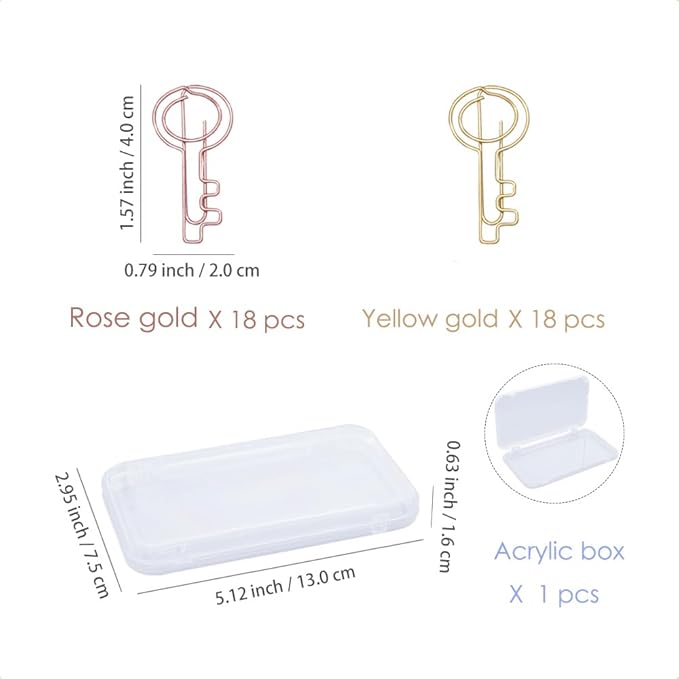 OWLFAVO 40pcs Key Shape Paper Clips with Clear Box, Rose Gold and Yellow Gold, Funny Cute Paperclips Bookmarks Planner Clips for Fun Office Supplies School Gifts Wedding Decoration