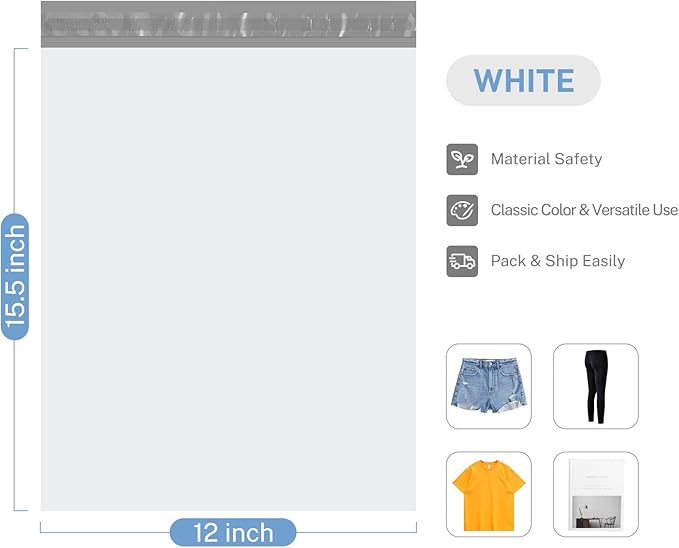 Metronic 300 Pcs Poly Mailers 12x15.5, Medium Size Shipping Bags for Small Business Supplies,White Poly Mailer Bags for Clothing Packing Supplies, Strong Adhensive Shipping Mailing Envelopes Self Seal