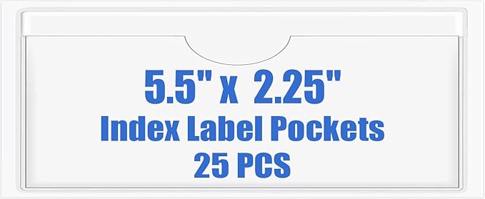 Origin-Joy 25 PCS Self-Adhesive Index Label Pockets, Clear Plastic Peel & Stick Card Holders with Top Open for Loading (5.5 x 2.25 inch)