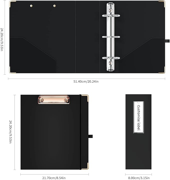 Ospelelf Mini 3 Ring Binder 2 Inch With 5 Tab Dividers, File Folder Labels and Low Profile Clipboards - Cute Black for 5.5" x 8.5" School and Office Supplies