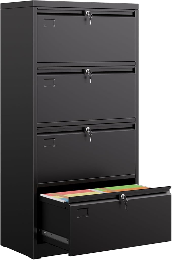 METAN Upgrade Metal 4 Drawer Lateral Files Cabinet for Home Office, Lockable Steel Wide File Storage Cabinet for Hanging Legal/Letter A4 Size, Assembly Required,Black