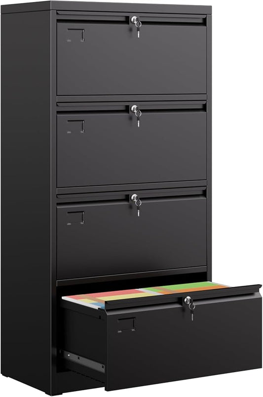 METAN Upgrade Metal 4 Drawer Lateral Files Cabinet for Home Office, Lockable Steel Wide File Storage Cabinet for Hanging Legal/Letter A4 Size, Assembly Required,Black