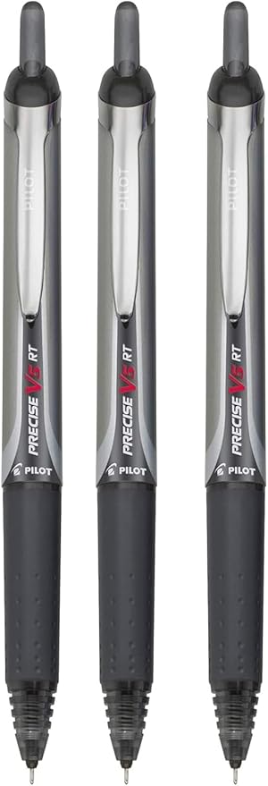 Precise V5 RT Retractable Rolling Ball Pens, Extra Fine Point (.5mm), Black Ink, 3-pk; Premium Comfort Grip, Bundle with Plastic Reusable Pouch