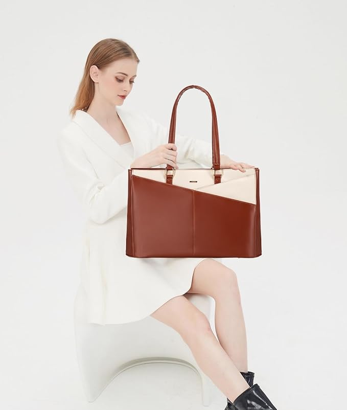 LOVEVOOK Laptop Bag for Women 15.6 Inch Tote Bags Waterproof Leather Briefcase Computer Women Business Office Work Bag,Brown-White