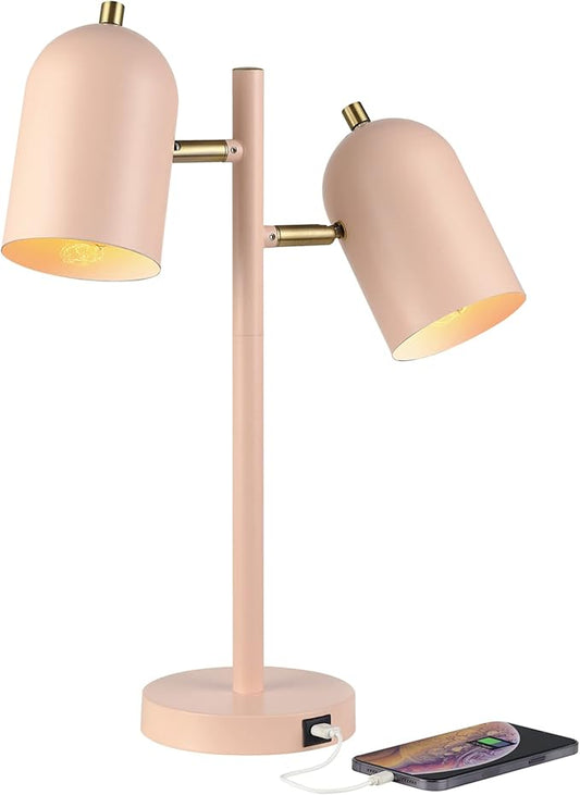 GLOBE Electric 30290 19" 2-Light Desk Lamp, Matte Pink, Brass Accents, 2.1A USB Port, On/Off Rotary Switch on Each Shade, Reading Light, Dorm Room Essentials, Lamps for Living-Room, Office Décor