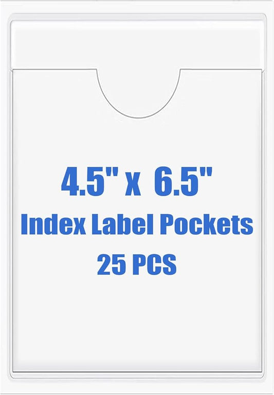 Origin-Joy 25 PCS Self-Adhesive Index Label Pockets, Clear Plastic Peel & Stick Card Holders with Top Open for Loading (4.5 x 6.5 inch)