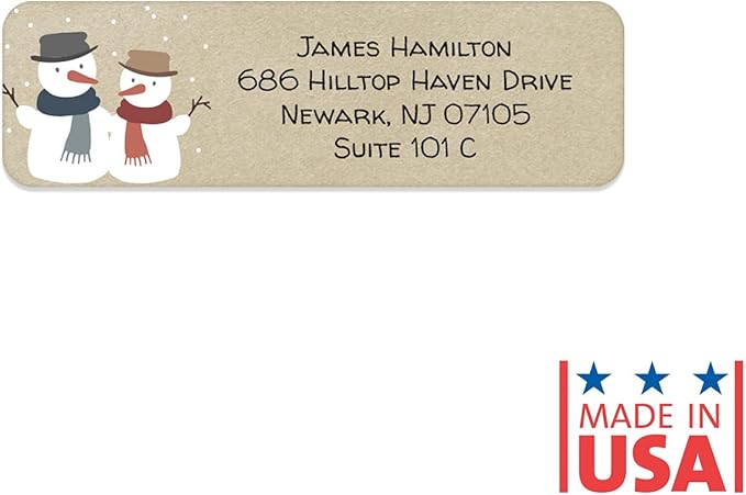 Kraft Snowmen Rolled Address Label/Roll of 250 Rustic Holiday Personalized Address Labels/Designer Return Address Stickers in Elegant Plastic Dispenser