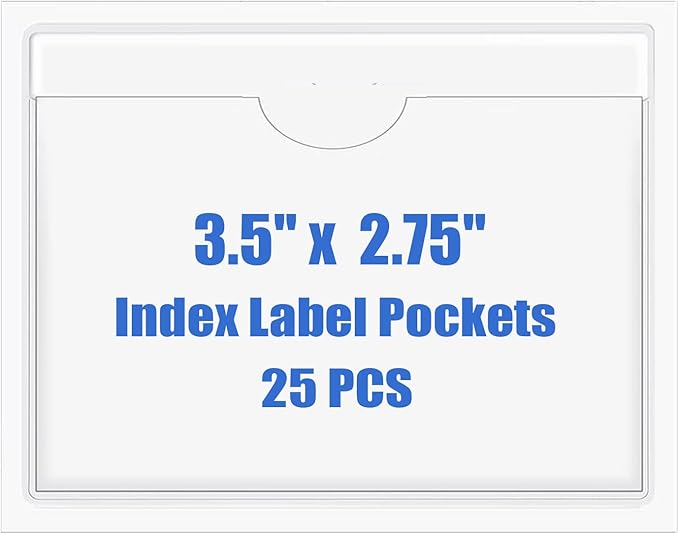 Origin-Joy 25 PCS Self-Adhesive Index Label Pockets, Clear Plastic Peel & Stick Card Holders with Top Open for Loading (3.5 x 2.75 inch)