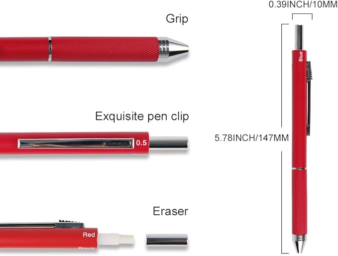 smttw 4 in1 Multi-Function Refillable & Retractable Ballpoint Pen + 0.5mm Mechanical Pencil, Fine Point, Red Metal Barrel, Black/Red/Blue Inks, Multicolor Pen With Metal Gift Box