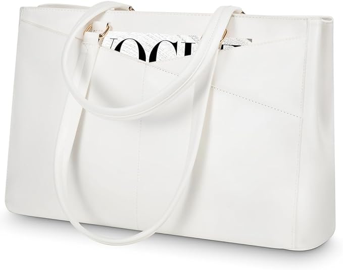 LOVEVOOK Laptop Bag for Women 15.6 Inch Tote Bags Waterproof Leather Briefcase Computer Women Business Office Work Bag,White
