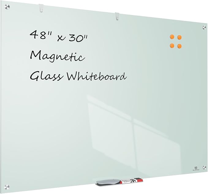 TSJ OFFICE Glass Dry-Erase Board - 48 x 30 Inches Wall Mounted Magnetic Whiteboard, Large Frameless Glass White Board for Office, Home & School