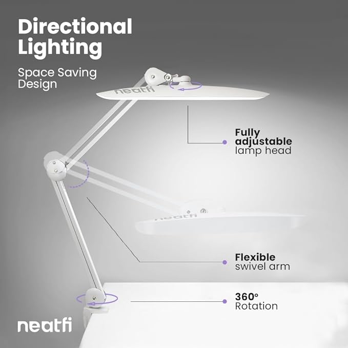 Neatfi XL 2,200 Lumens LED Task Lamp, 20W, 182 Pcs SMD LED, Dimmable, 4 Level Brightness, 3 Light Modes, Desk Light for Home, Office, Workbench (CCT, White)