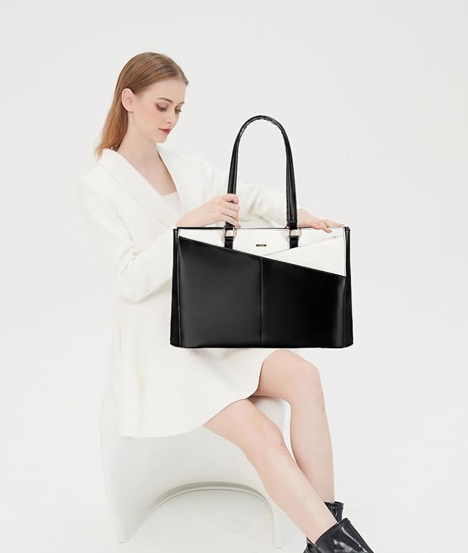 LOVEVOOK Laptop Bag for Women 15.6 Inch Tote Bags Waterproof Leather Briefcase Computer Women Business Office Work Bag,Black-White