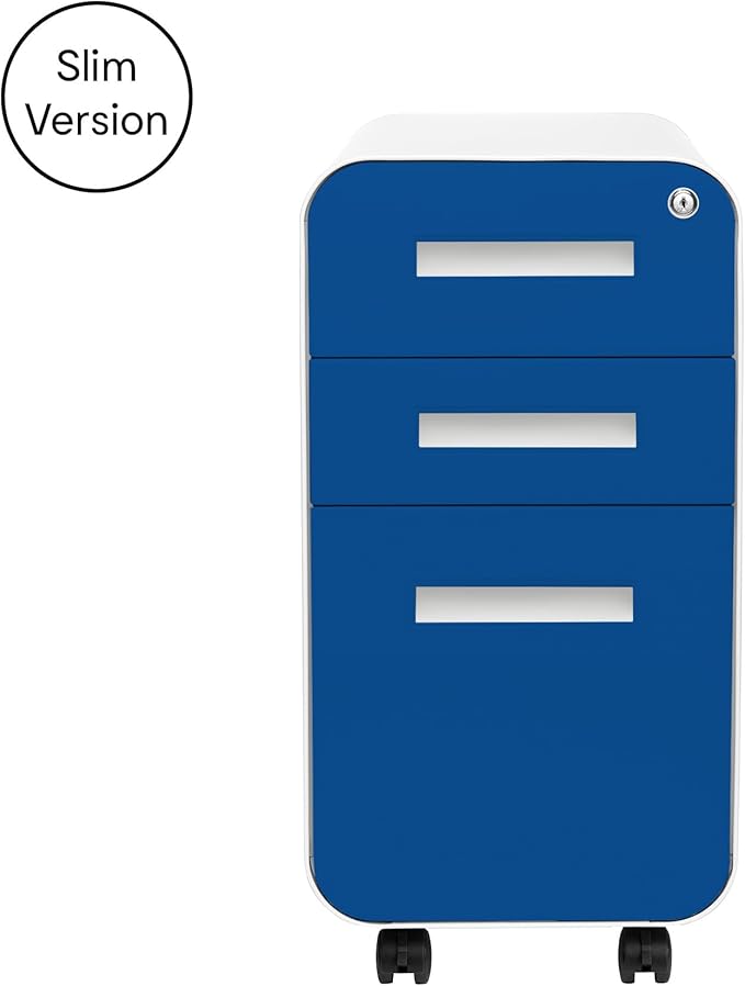 Laura Davidson Furniture Stockpile Slim 3-Drawer Mobile File Cabinet with Lock - Under Desk Metal Filing Cabinet, Legal/Letter File Folders, Wheels and Stationary Feet, Pre-Assembled, Blue Faceplate