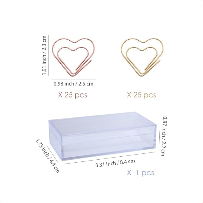 OWLFAVO 50pcs Heart Shape Paper Clips with Clear Box, Rose Gold and Yellow Gold, Funny Cute Paperclips Bookmarks Planner Clips for Fun Office Supplies School Gifts Wedding Decoration