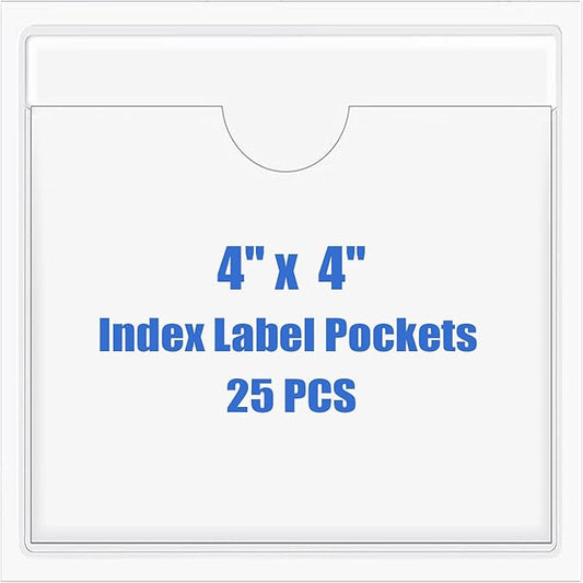 Origin-Joy 25 PCS Self-Adhesive Index Label Pockets, Clear Plastic Peel & Stick Card Holders with Top Open for Loading (4 x 4 inch)