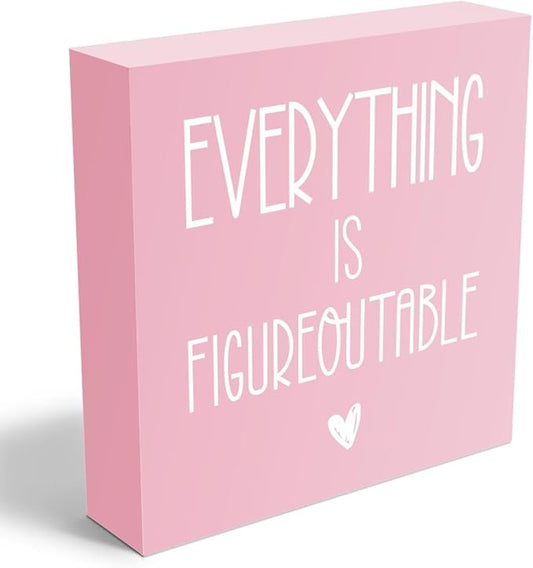 mmiishe Everything Is Figureoutable Wooden Box Sign Decorative Inspirational Farmhouse Wood Box Sign Home Office Decor Motivational Gift Rustic Square Desk Decor Sign for Shelf Pink
