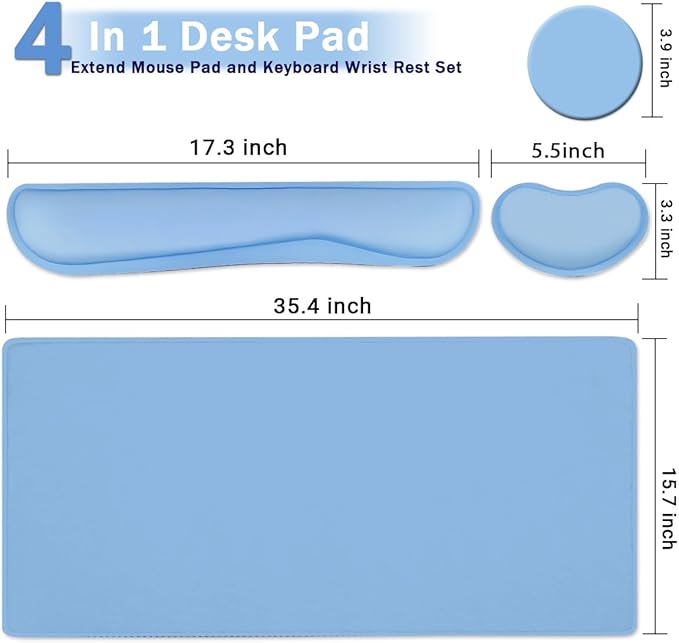 Large Keyboard Mouse Pad Set, Extended Mouse Pad+Keyboard Wrist Rest Support, Memory Foam Ergonomic Easy Typing, 4Pcs (35.4×15.14 in) Desk Pad Set for Home Office Study Game - Blue
